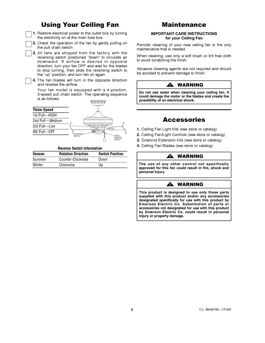 Emerson CF452ORB00, CF452GES00 Using Your Ceiling Fan, Maintenance, Accessories, Three-Speed, For your Ceiling Fan 