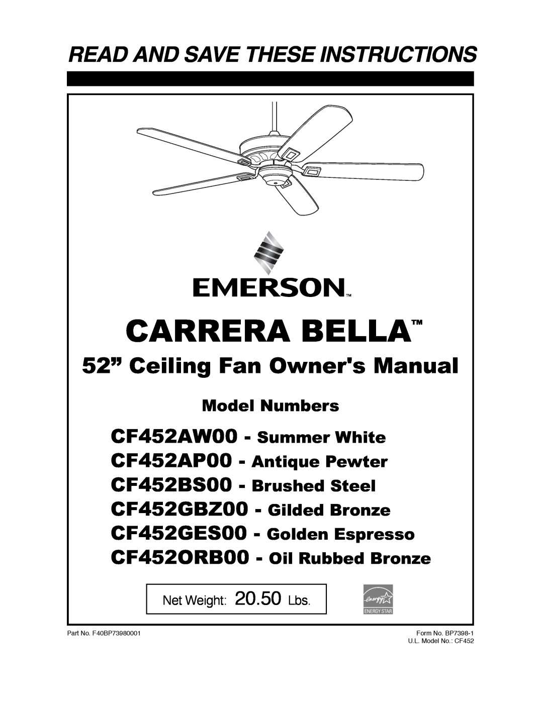 Emerson CF452GBZ00 owner manual Carrera Bella, Read And Save These Instructions, CF452AW00 - Summer White, Model Numbers 
