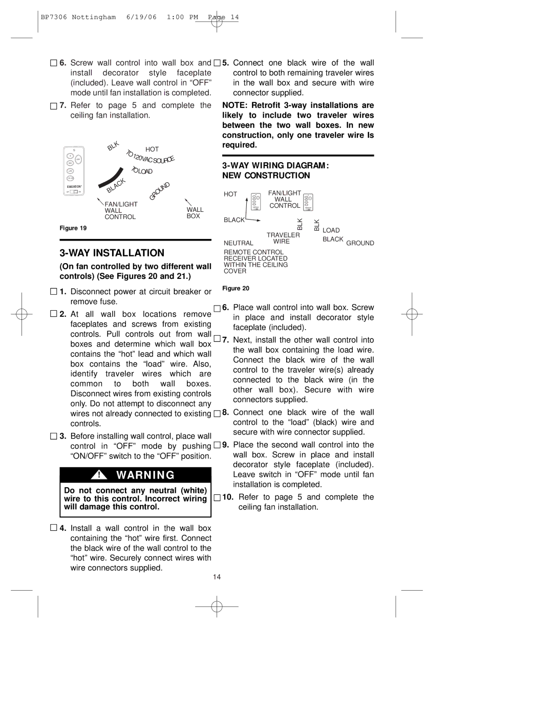 Emerson CF4600WB00 warranty WAY Installation, WAY WIRlNG Diagram NEW Construction, On fan controlled by two different wall 