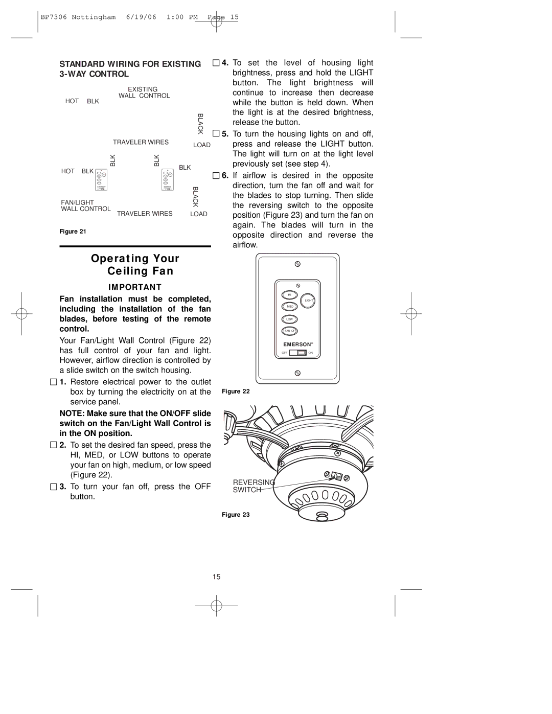 Emerson CF4600GLZ00, CF4600WB00 warranty Operating Your Ceiling Fan, Standard Wiring for Existing 3-WAY Control 