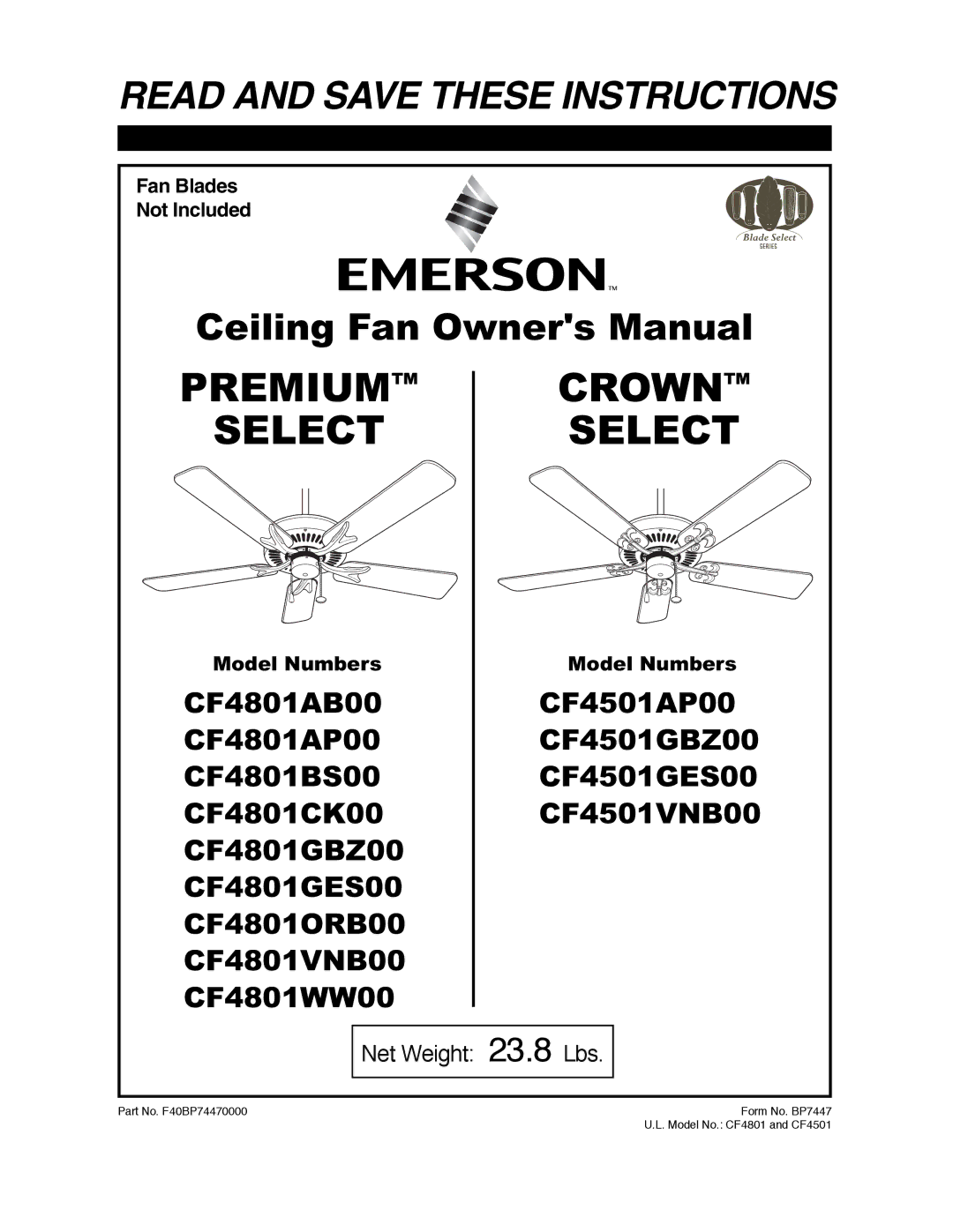 Emerson CF4501GBZ00, CF4801GBZ00, CF4801BS00, CF4801VNB00, CF4801WW00, CF4801GES00, CF4801AP00 owner manual Premium Crown 