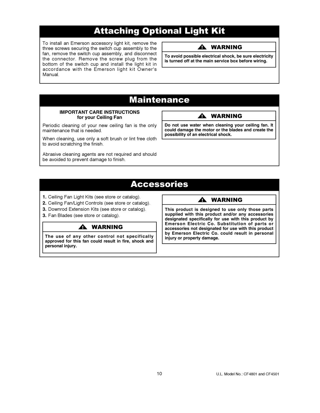 Emerson CF4501AP00, CF4801GBZ00, CF4501GBZ00 Attaching Optional Light Kit, Maintenance, Accessories, For your Ceiling Fan 