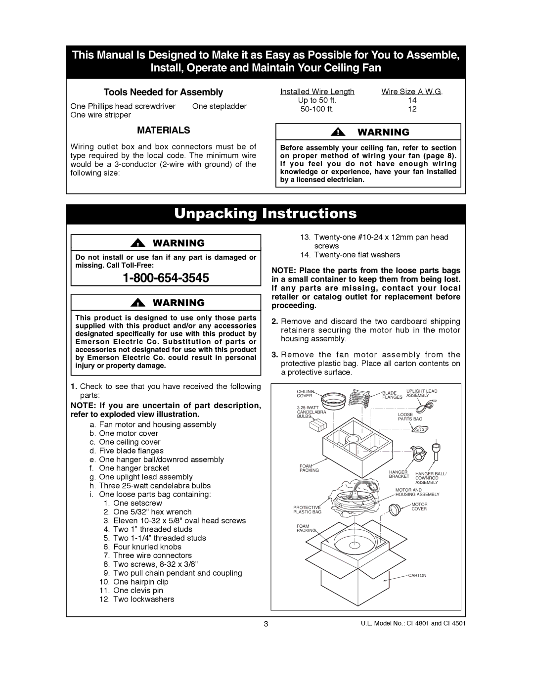 Emerson CF4801VNB00, CF4801GBZ00, CF4501GBZ00, CF4801BS00, CF4801WW00, CF4801GES00 Unpacking Instructions, Materials 