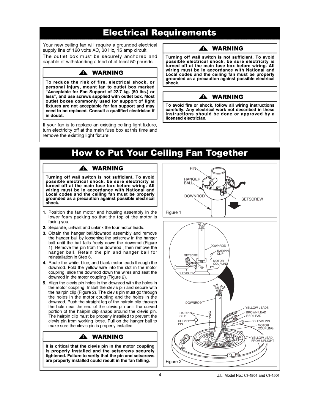 Emerson CF4801WW00, CF4801GBZ00, CF4501GBZ00, CF4801BS00 Electrical Requirements, How to Put Your Ceiling Fan Together 