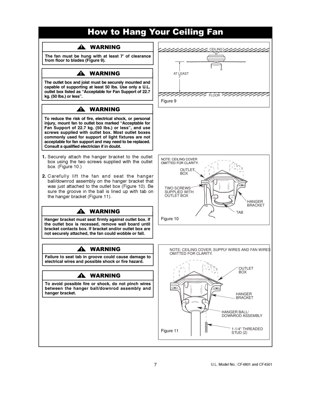 Emerson CF4801AB00, CF4801GBZ00, CF4501GBZ00, CF4801BS00, CF4801VNB00, CF4801WW00, CF4801GES00 How to Hang Your Ceiling Fan 