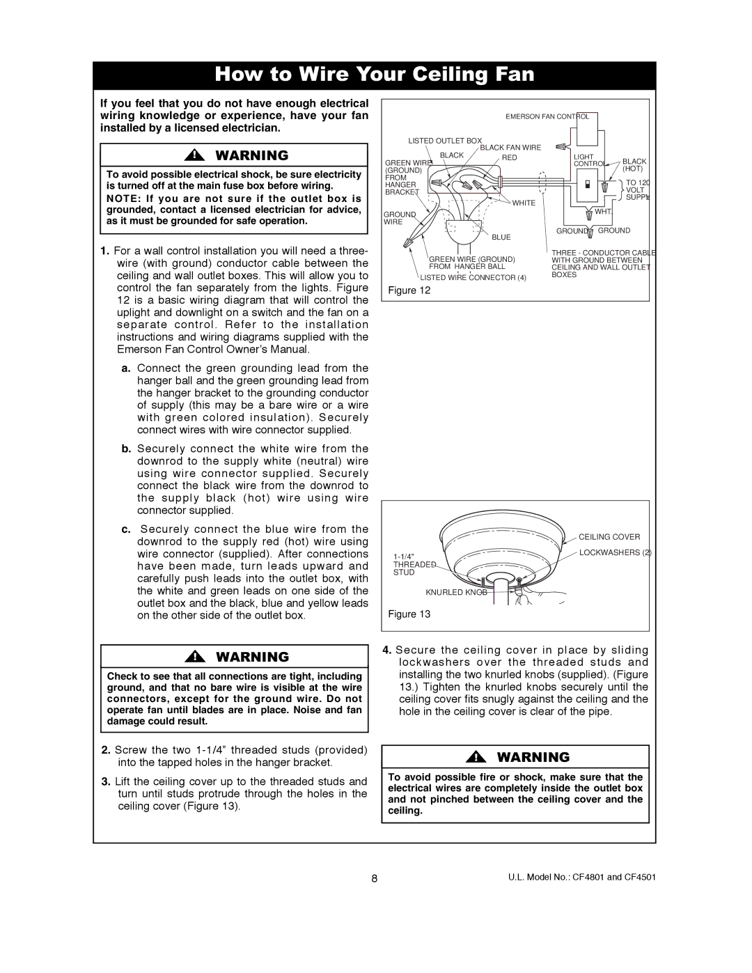 Emerson CF4801CK00, CF4801GBZ00, CF4501GBZ00, CF4801BS00, CF4801VNB00, CF4801WW00, CF4801GES00 How to Wire Your Ceiling Fan 