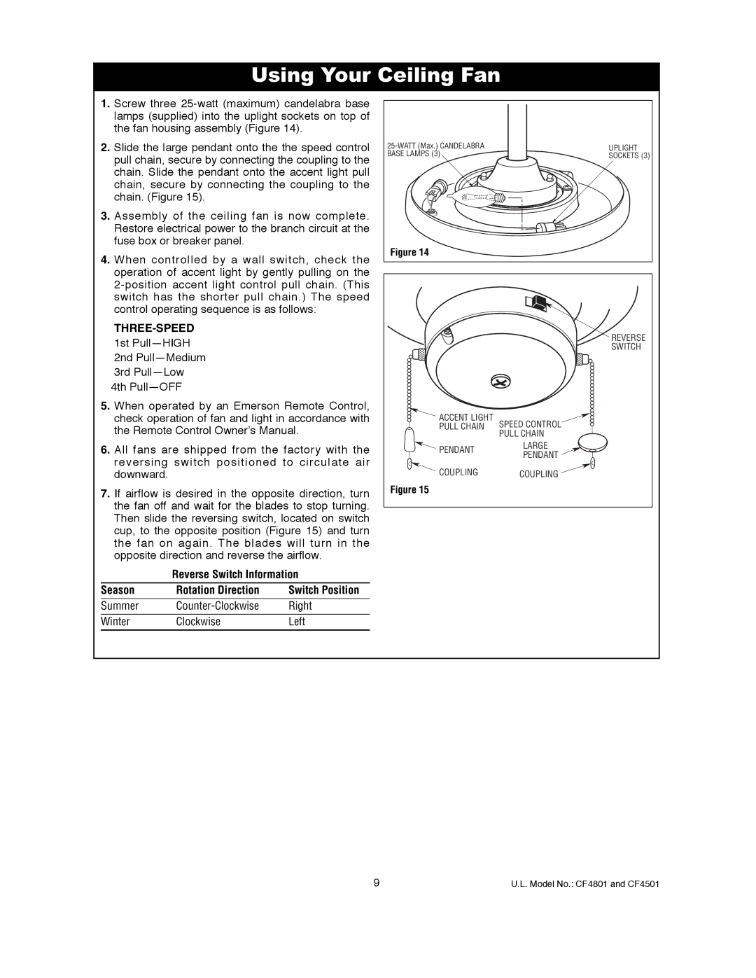 Emerson CF4801ORB00, CF4801GBZ00, CF4501GBZ00, CF4801BS00, CF4801VNB00, CF4801WW00 Using Your Ceiling Fan, Three-Speed 