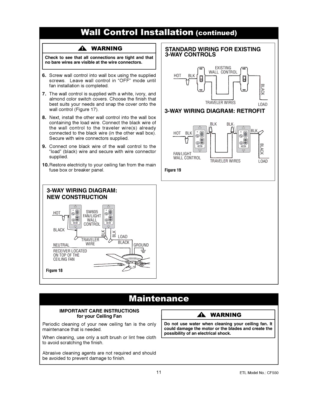 Emerson CF550BS00, CF550ORB00 Maintenance, Standard Wiring for Existing 3-WAY Controls, WAY Wiring Diagram Retrofit 