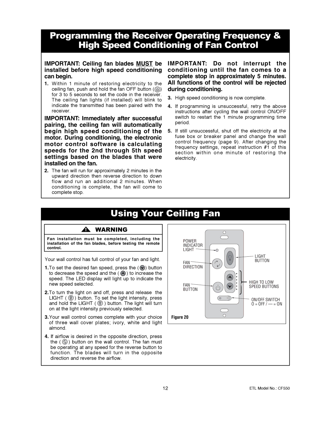 Emerson CF550ORB00, CF550BS00 owner manual Using Your Ceiling Fan, Light 