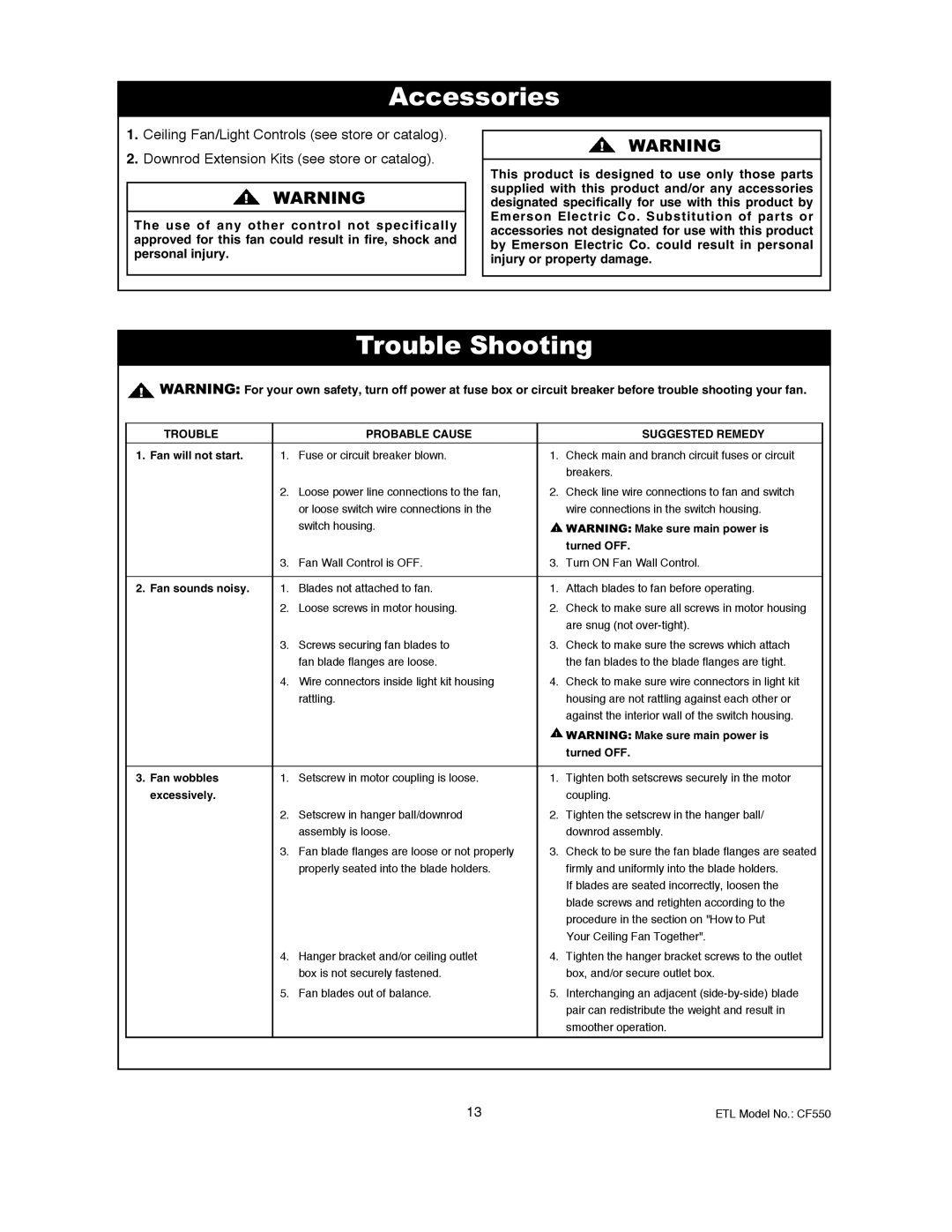 Emerson CF550BS00, CF550ORB00 owner manual Accessories, Trouble Shooting 