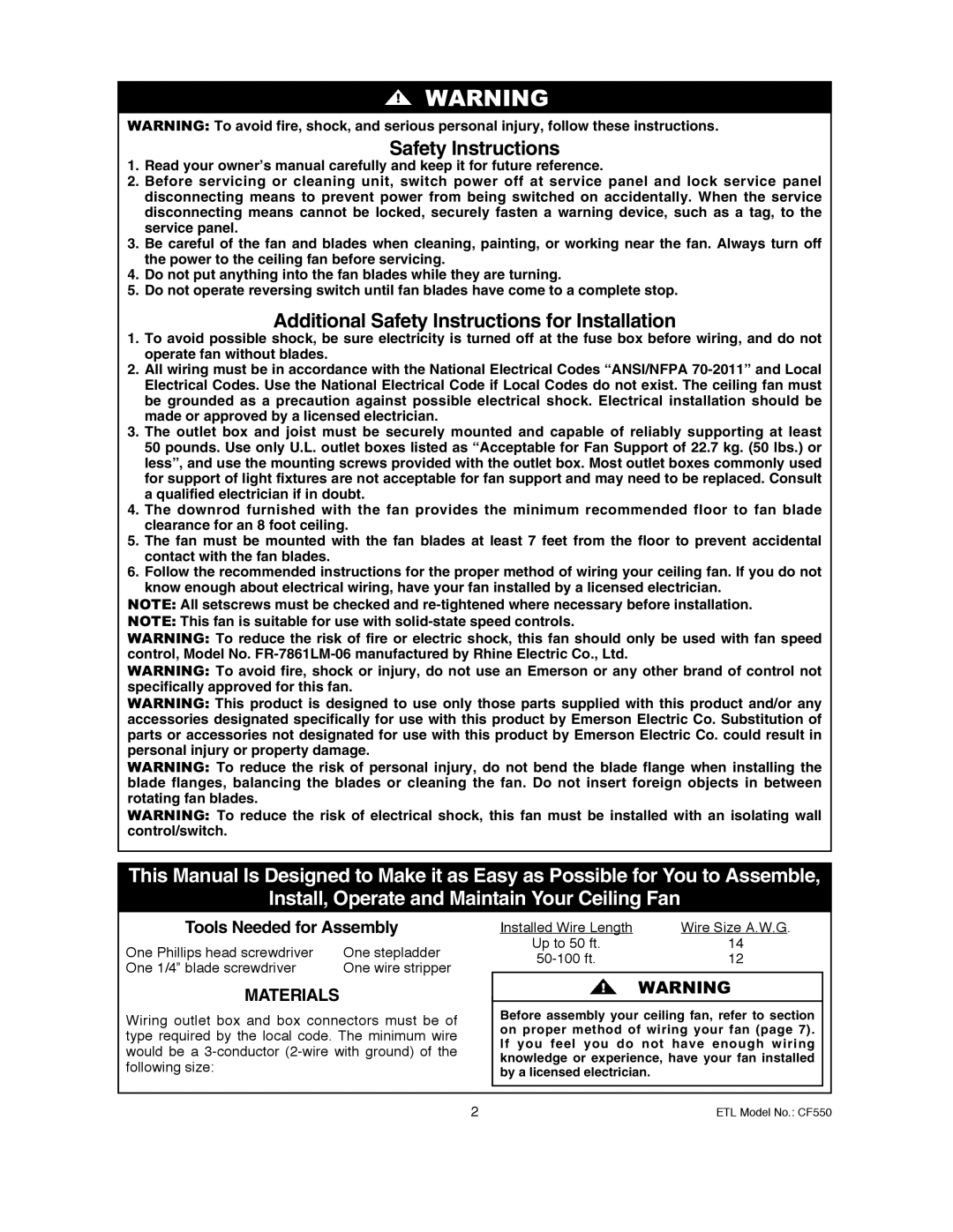 Emerson CF550ORB00, CF550BS00 owner manual Safety Instructions, Materials 