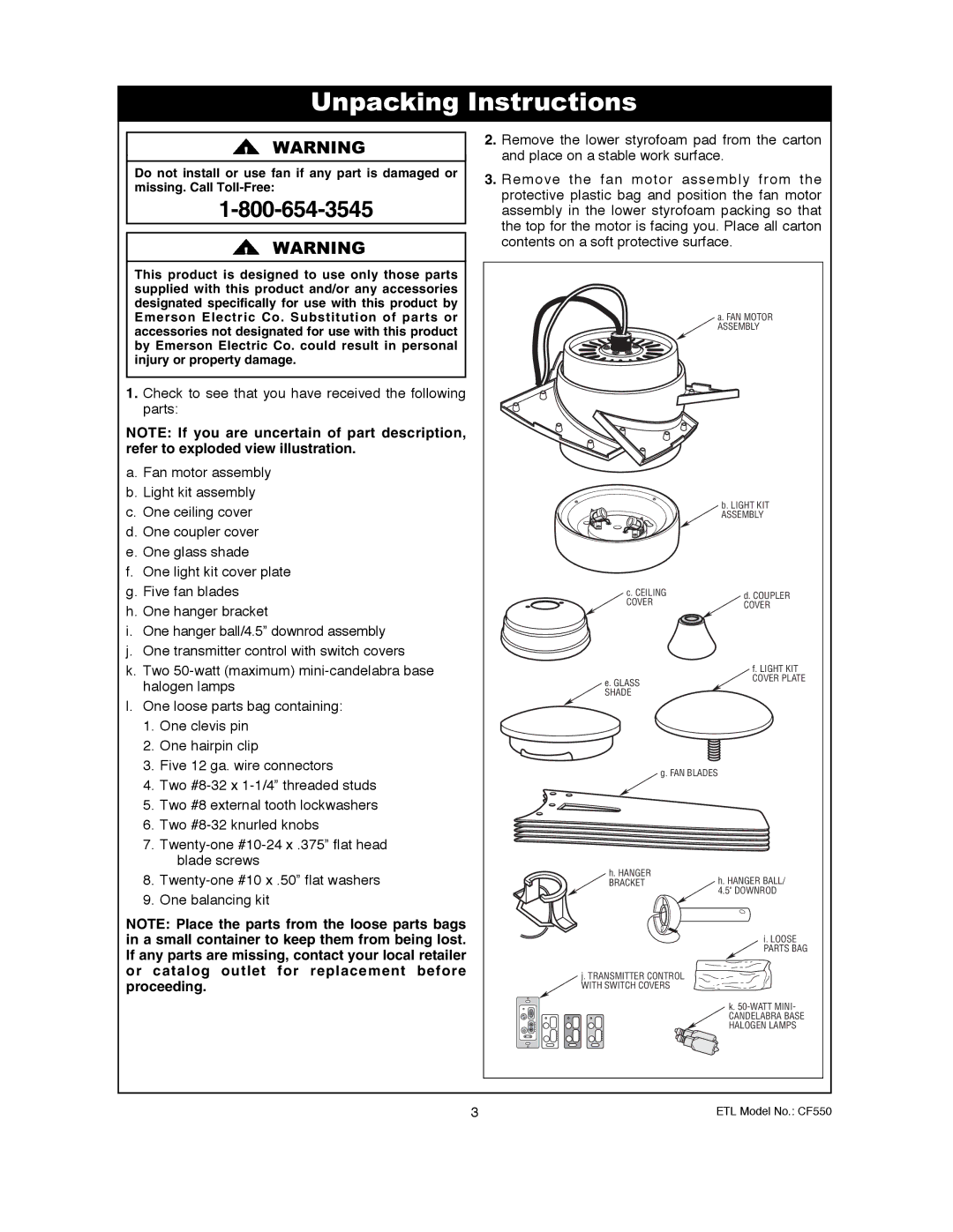 Emerson CF550BS00, CF550ORB00 owner manual Unpacking Instructions 