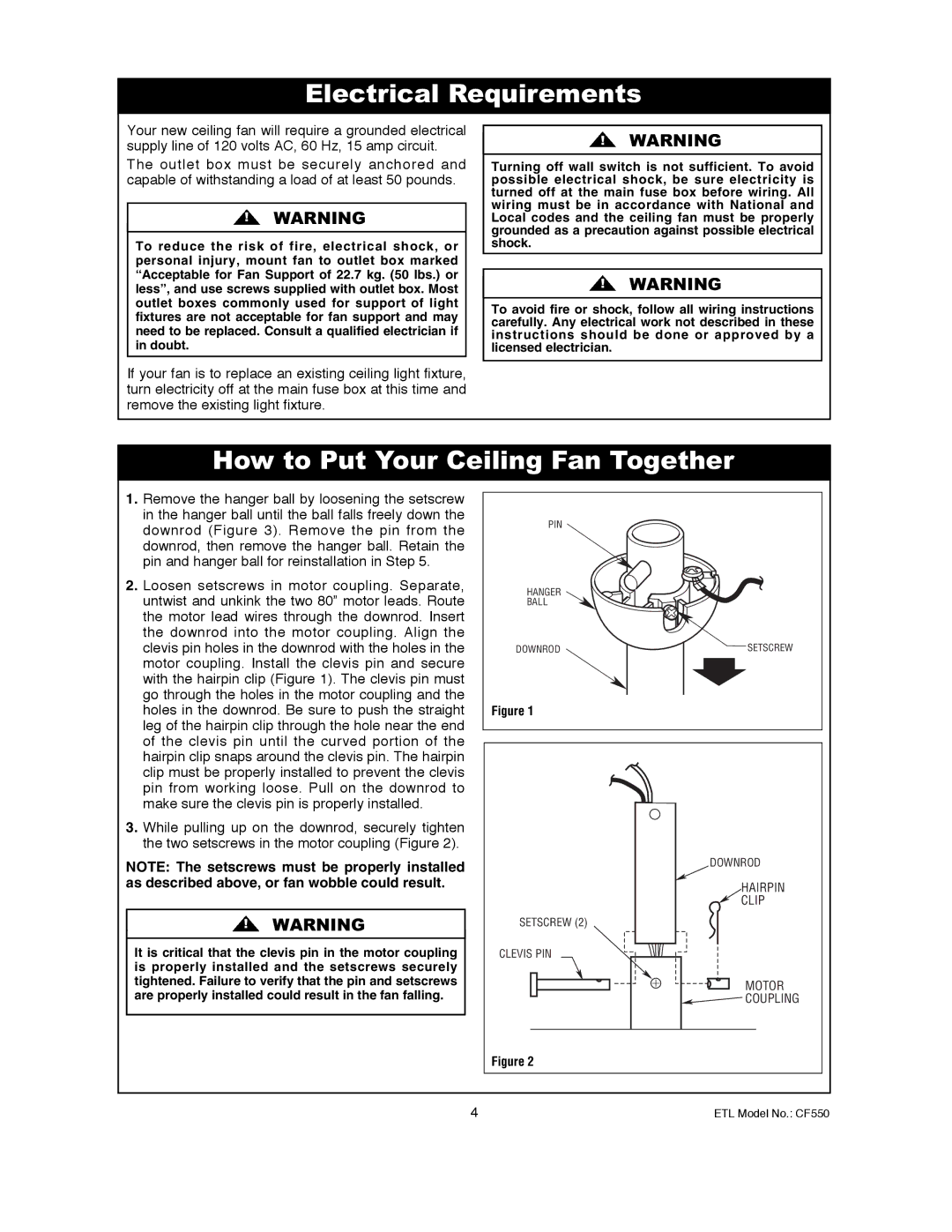 Emerson CF550ORB00, CF550BS00 owner manual Electrical Requirements, How to Put Your Ceiling Fan Together 