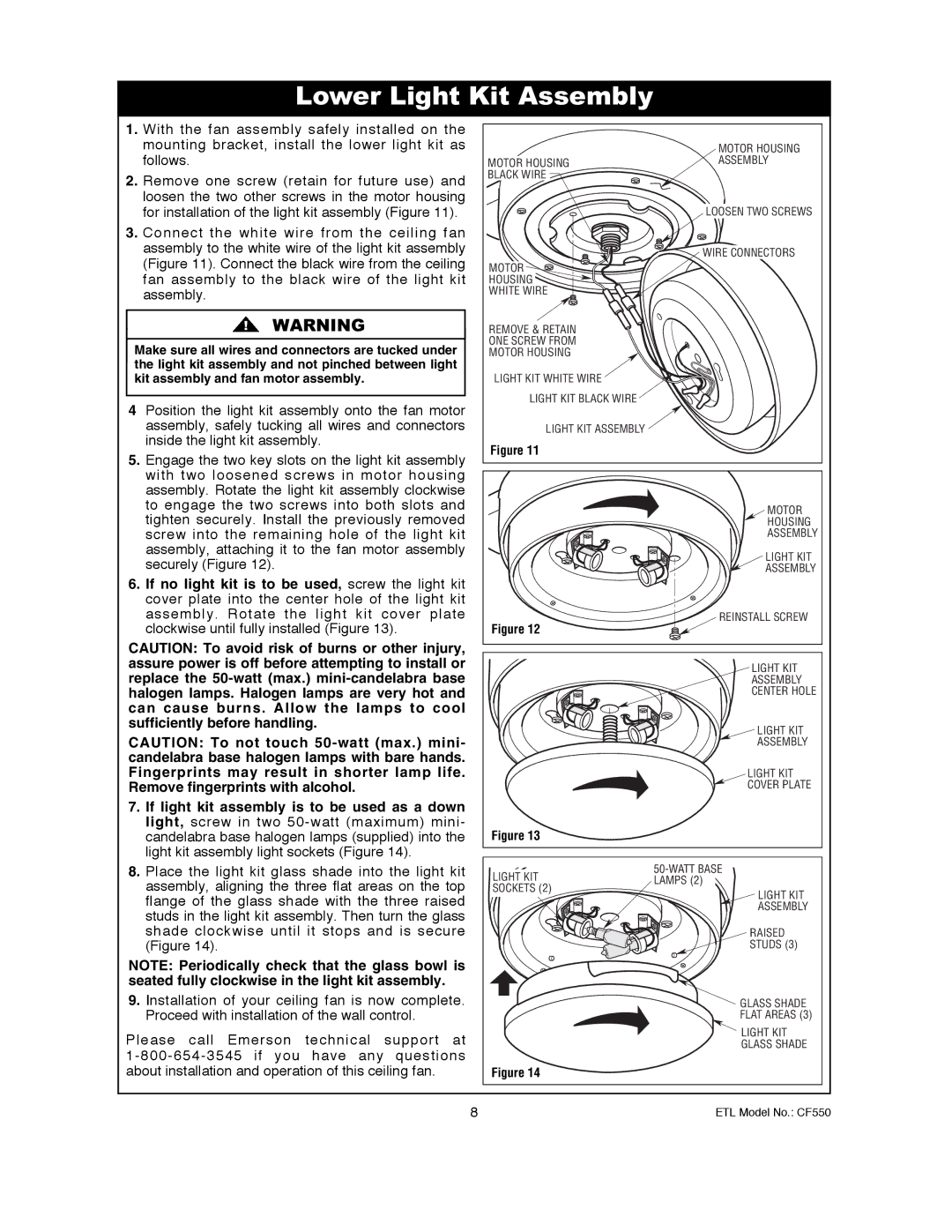 Emerson CF550ORB00, CF550BS00 owner manual Lower Light Kit Assembly, If no light kit is to be used, screw the light kit 