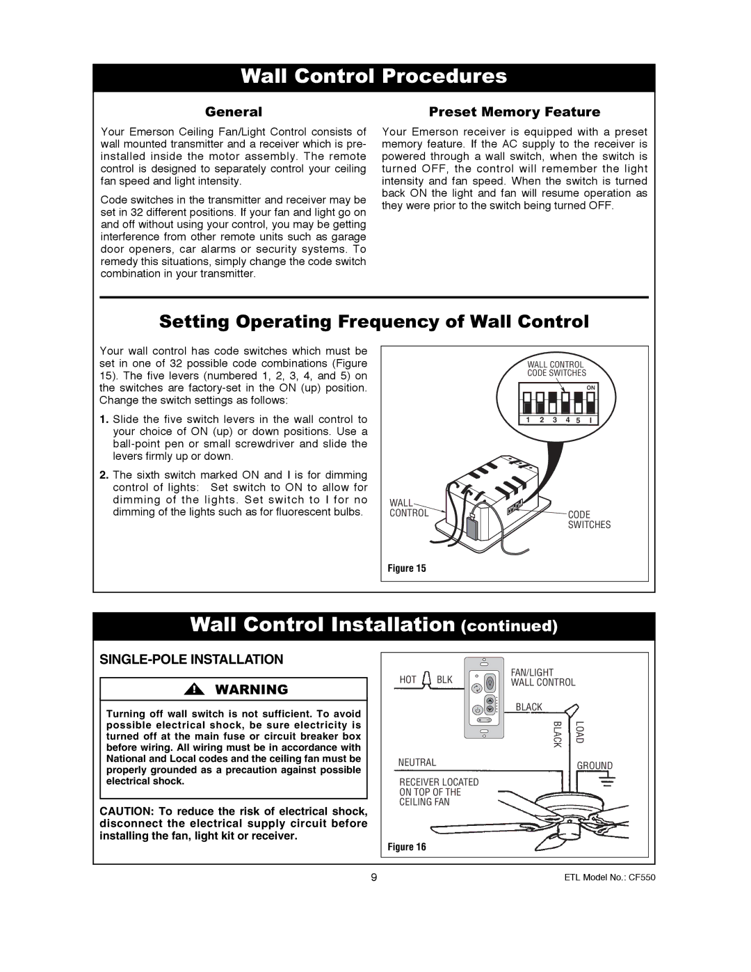 Emerson CF550BS00, CF550ORB00 owner manual Wall Control Procedures, Wall Control Installation, SINGLE-POLE Installation 