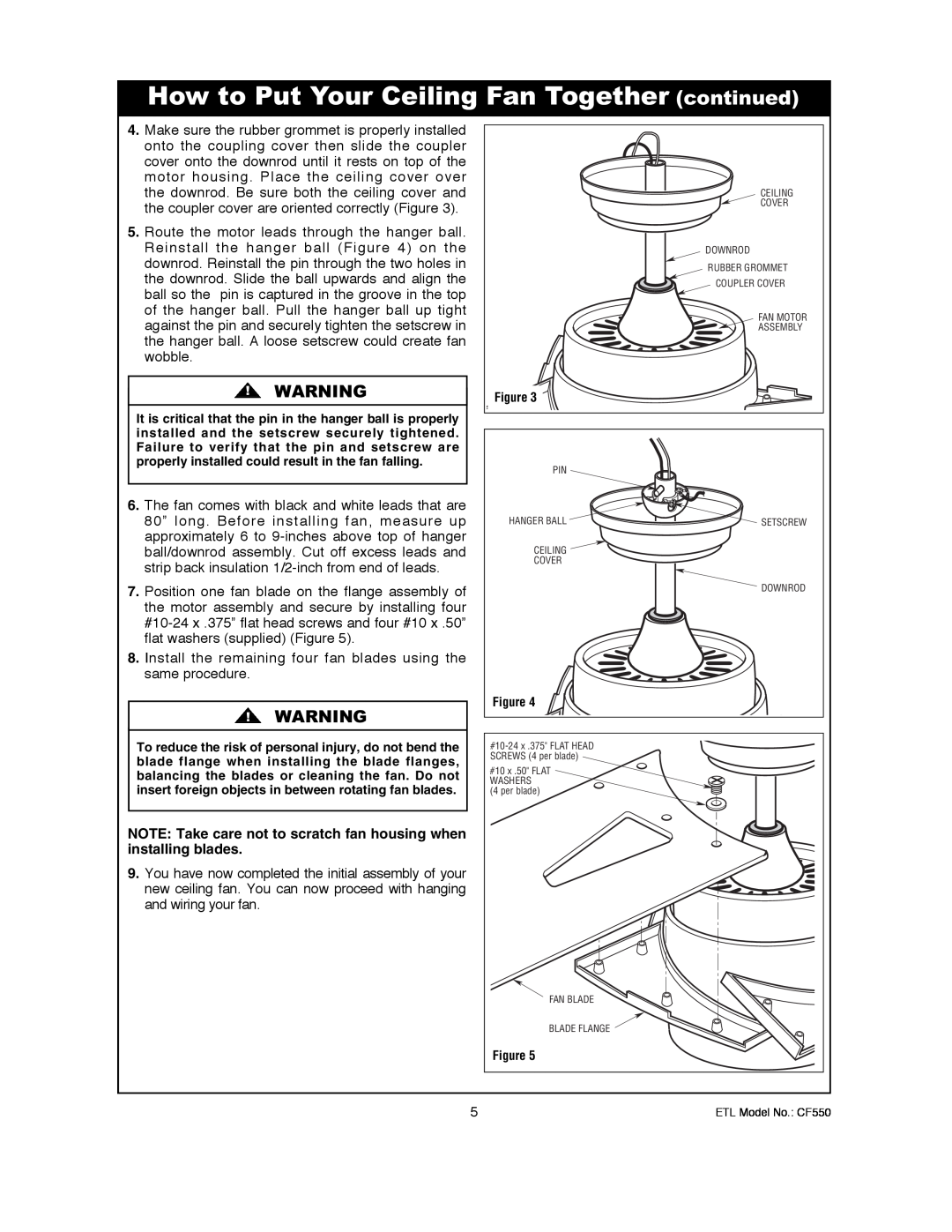 Emerson CF550BS00, CF550ORB00 owner manual How to Put Your Ceiling Fan Together continued 