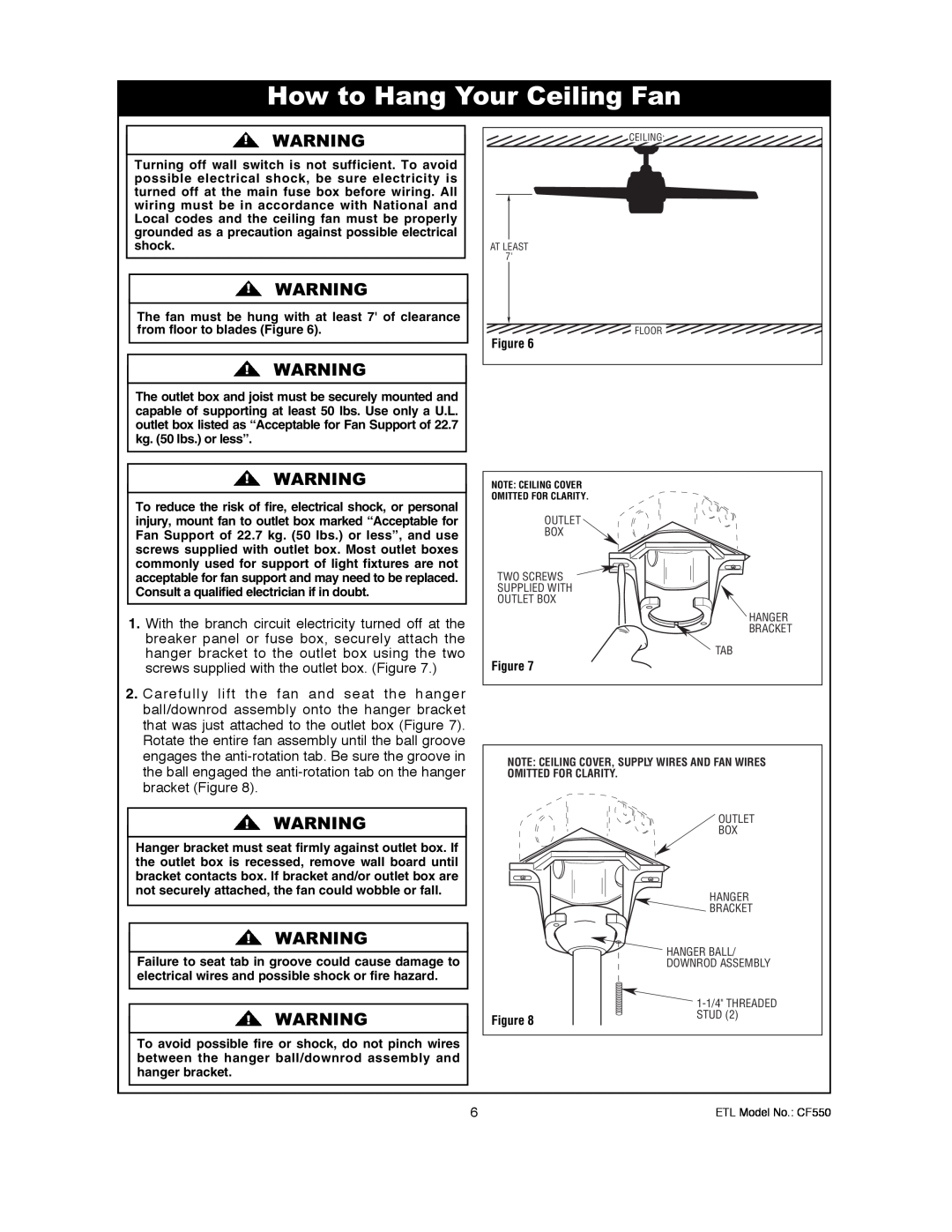 Emerson CF550ORB00, CF550BS00 owner manual How to Hang Your Ceiling Fan 