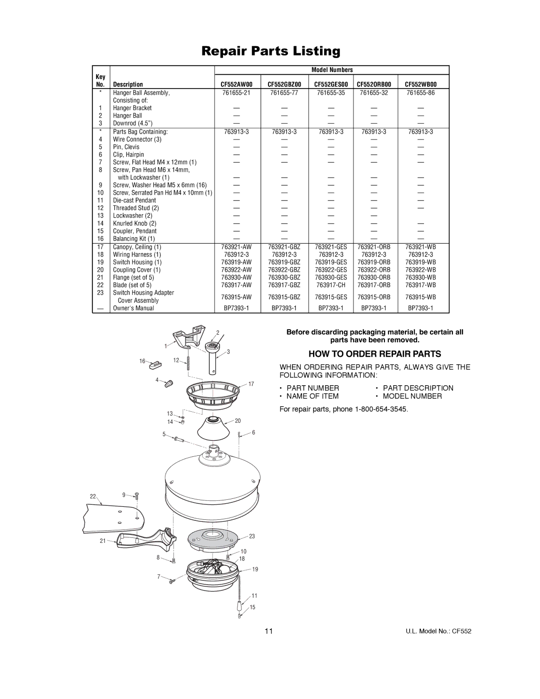 Emerson CF552AW00, CF552GES00, CF552ORB00, CF552GBZ00, CF552WB00 owner manual Repair Parts Listing, Description 