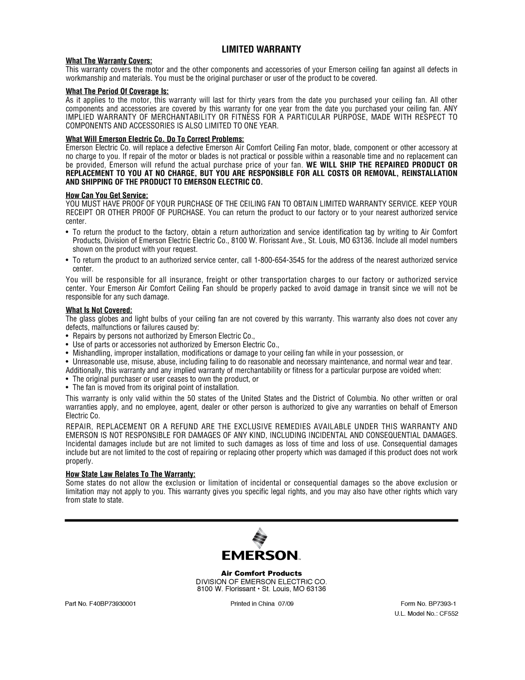 Emerson CF552ORB00, CF552GES00, CF552AW00, CF552GBZ00, CF552WB00 owner manual Limited Warranty 