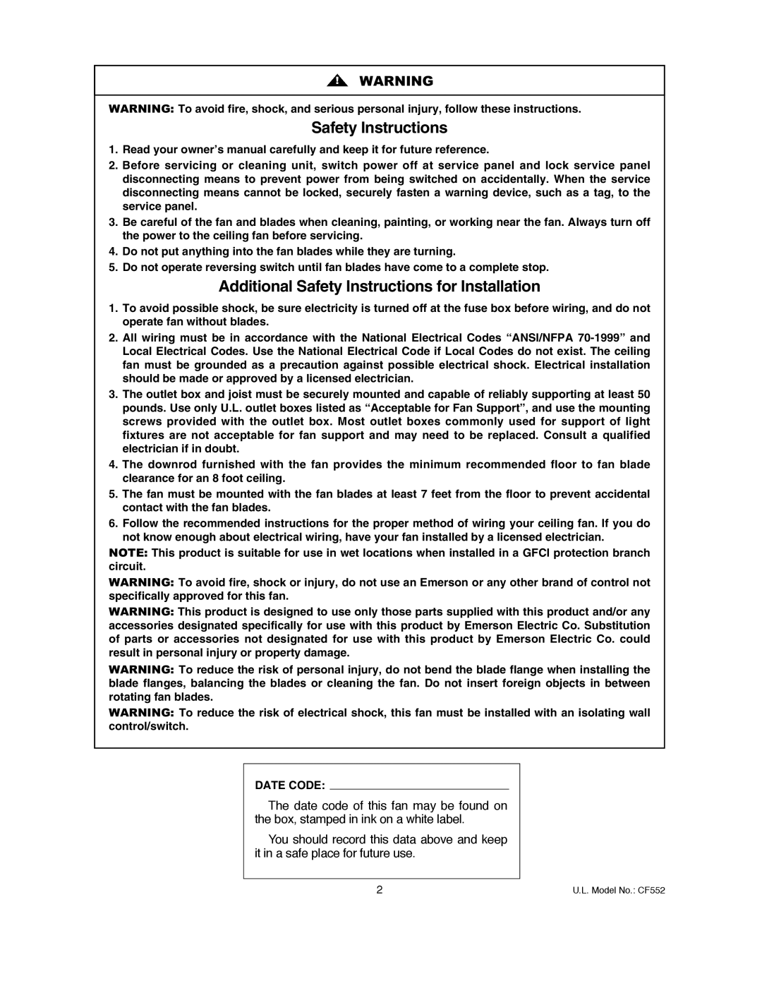 Emerson CF552ORB00, CF552GES00, CF552AW00, CF552GBZ00, CF552WB00 owner manual Safety Instructions 