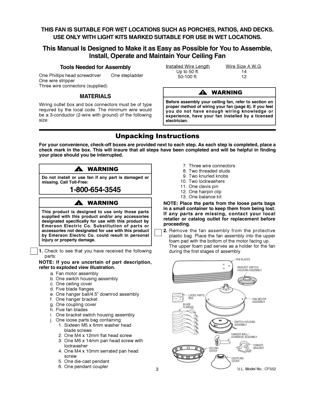 Emerson CF552GBZ00, CF552GES00, CF552AW00, CF552ORB00, CF552WB00 owner manual Unpacking Instructions 