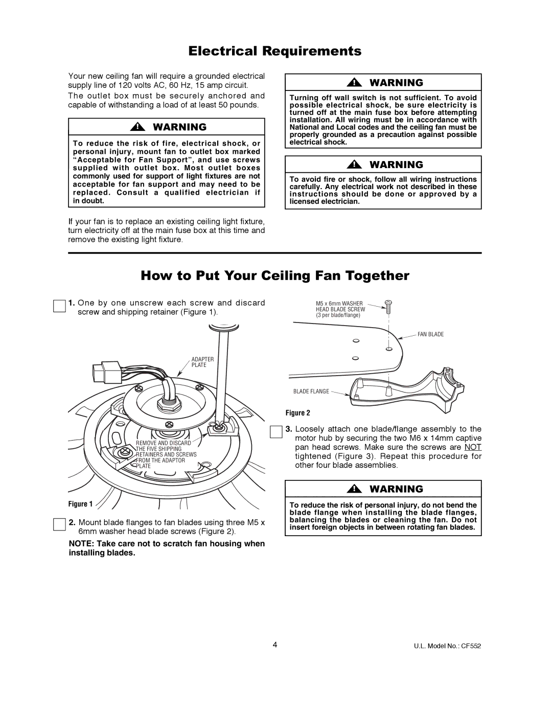 Emerson CF552WB00, CF552GES00, CF552AW00, CF552ORB00 Electrical Requirements, How to Put Your Ceiling Fan Together 