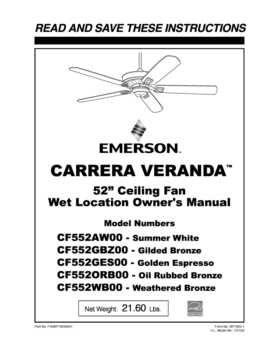 Emerson owner manual Carrera Veranda, Read And Save These Instructions, CF552AW00 - Summer White, Model Numbers 