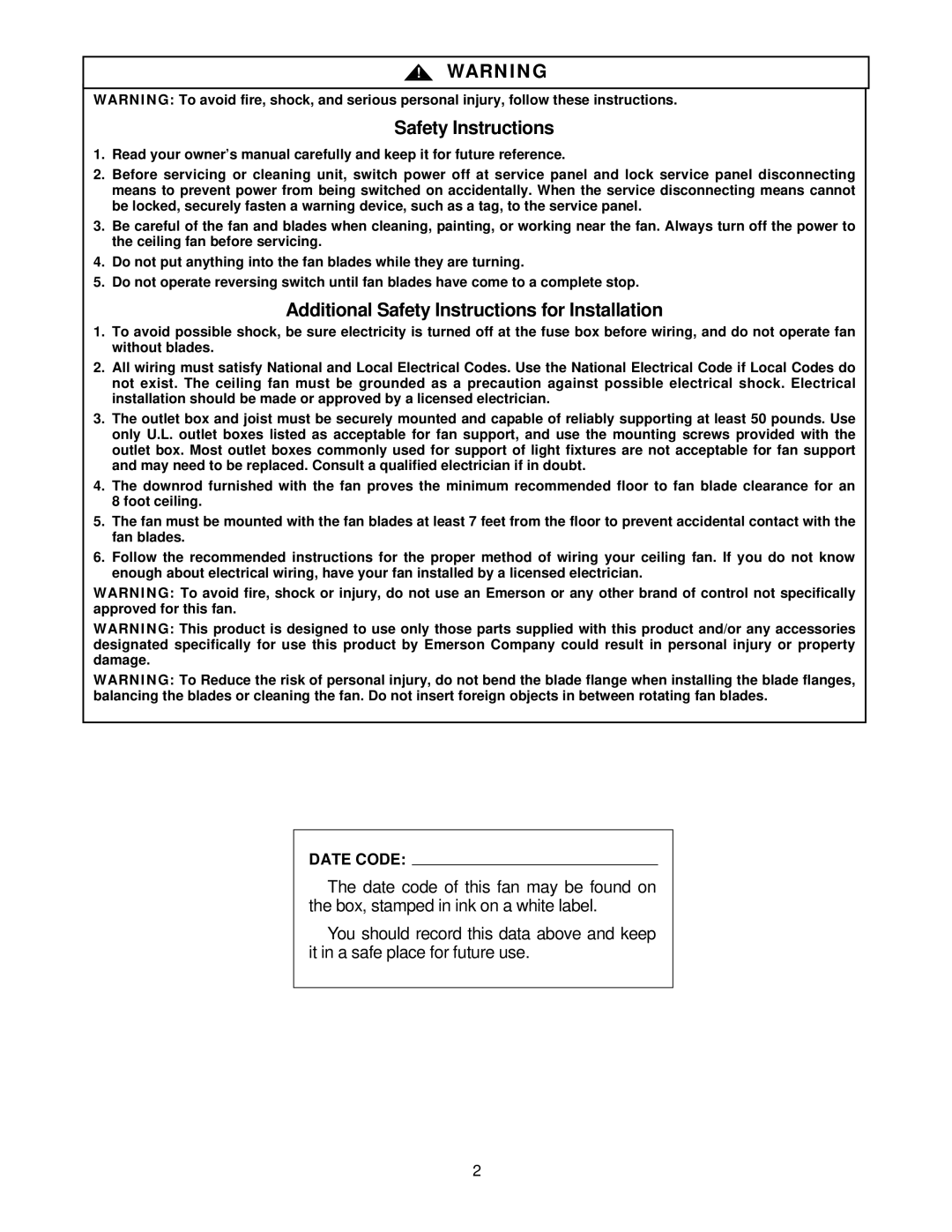 Emerson CF652OB00, CF652W00, CF652WW00, CF652V00, CF652BQ00, CF652DB00, CF652AW00, CF652WB00 warranty Safety Instructions 