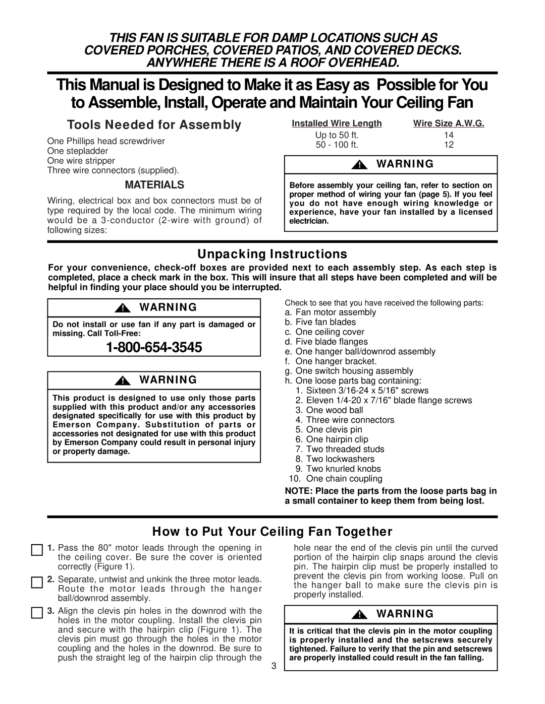 Emerson CF652V00, CF652W00 warranty Tools Needed for Assembly, Unpacking Instructions, How to Put Your Ceiling Fan Together 