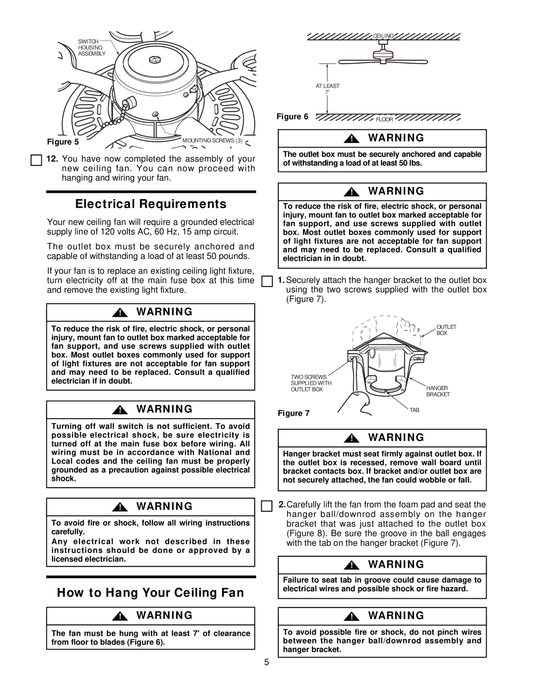 Emerson CF652DB00, CF652W00, CF652WW00, CF652OB00, CF652V00, CF652BQ00 Electrical Requirements, How to Hang Your Ceiling Fan 