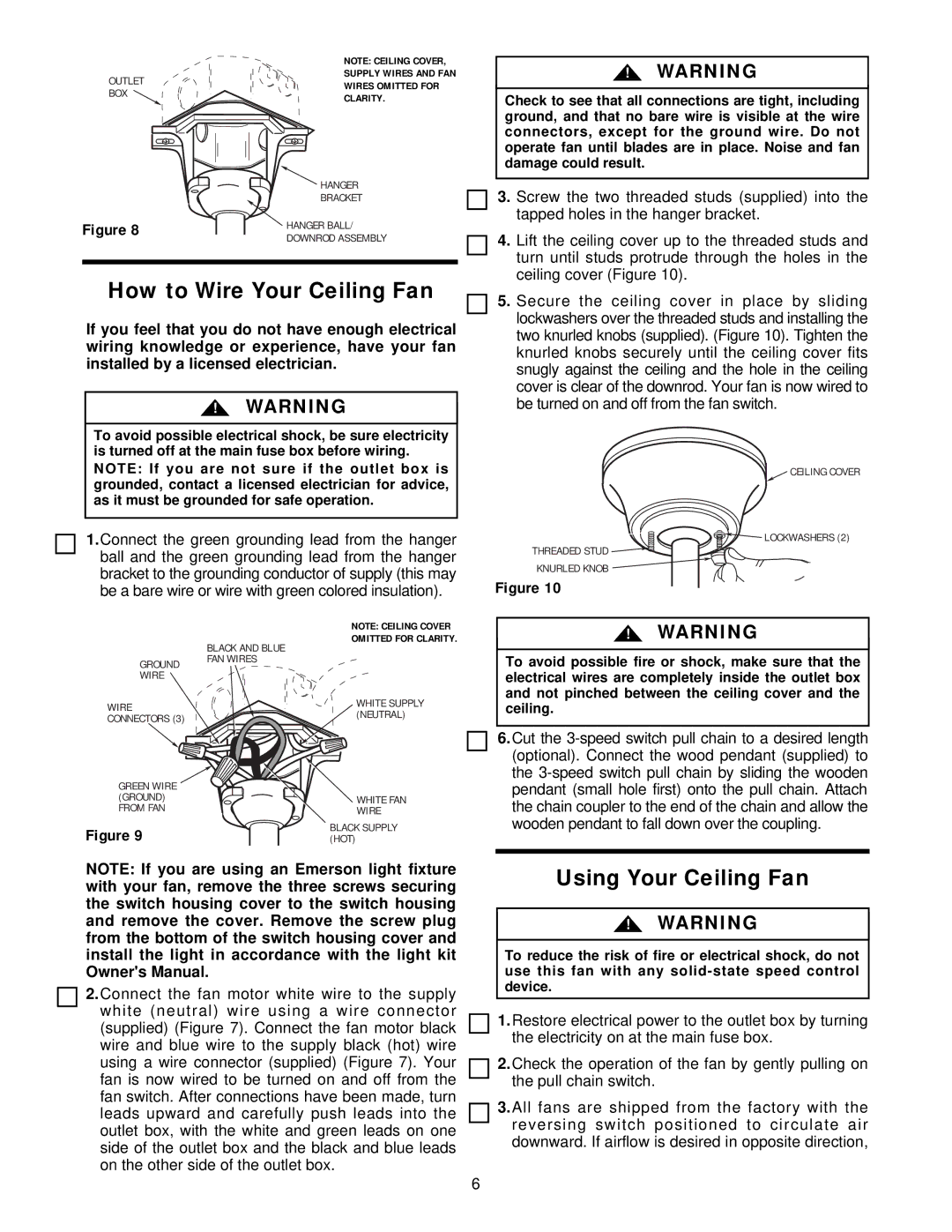 Emerson CF652AW00, CF652W00, CF652WW00, CF652OB00, CF652V00, CF652BQ00 How to Wire Your Ceiling Fan, Using Your Ceiling Fan 