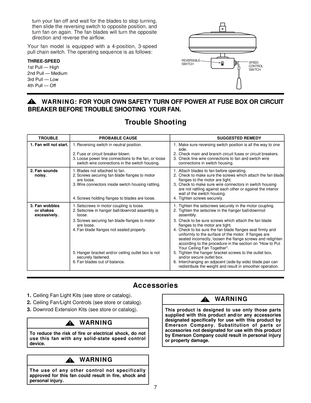 Emerson CF652WB00, CF652W00, CF652WW00, CF652OB00, CF652V00, CF652BQ00, CF652DB00 Trouble Shooting, Accessories, Three-Speed 