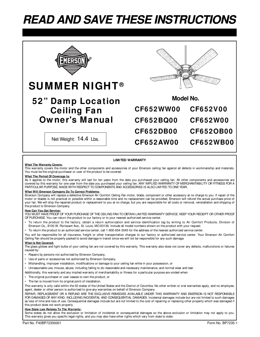 Emerson warranty Read And Save These Instructions, Summer Night, CF652WW00 CF652V00 CF652BQ00 CF652W00, Model No 