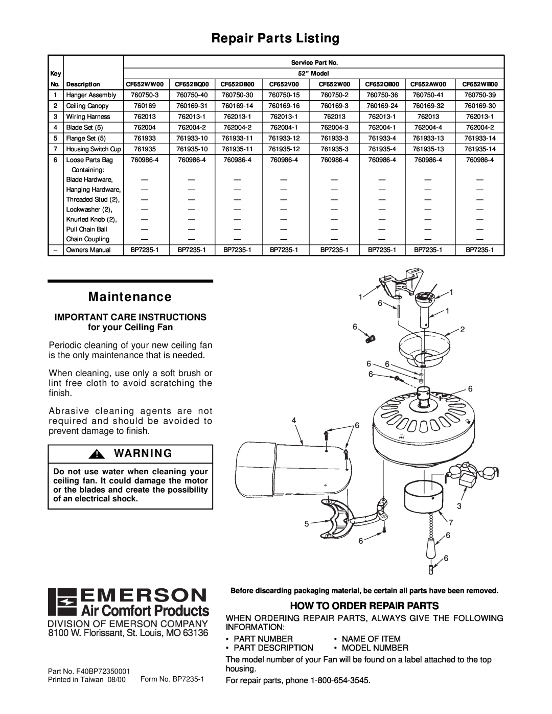 Emerson CF652W00, CF652WW00 Emerson, Air Comfort Products, Repair Parts Listing, Maintenance, How To Order Repair Parts 