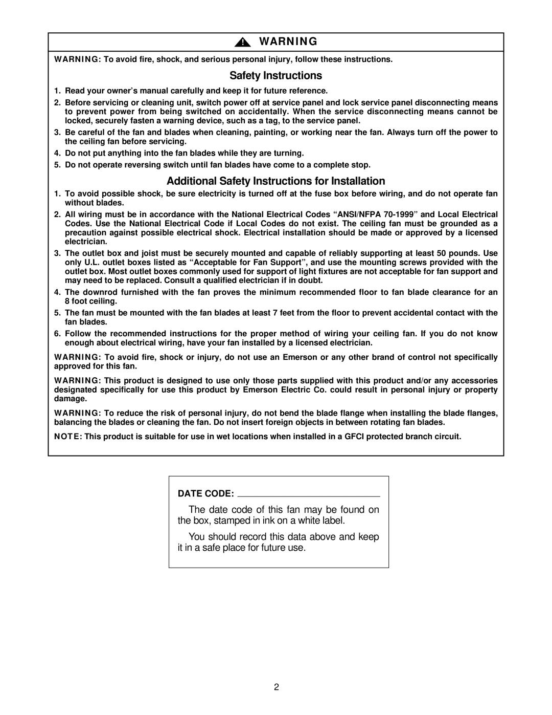 Emerson CF654WB00, CF654OB00, CF654WW00, CF654AW00, CF654ORB00 owner manual Safety Instructions 