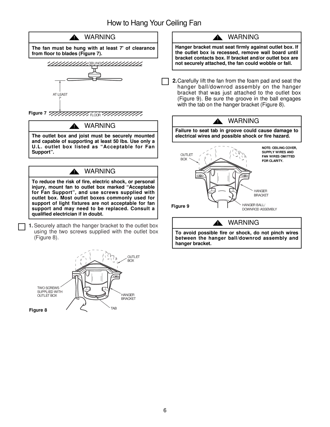 Emerson CF654WW00, CF654OB00, CF654WB00, CF654AW00, CF654ORB00 owner manual How to Hang Your Ceiling Fan 