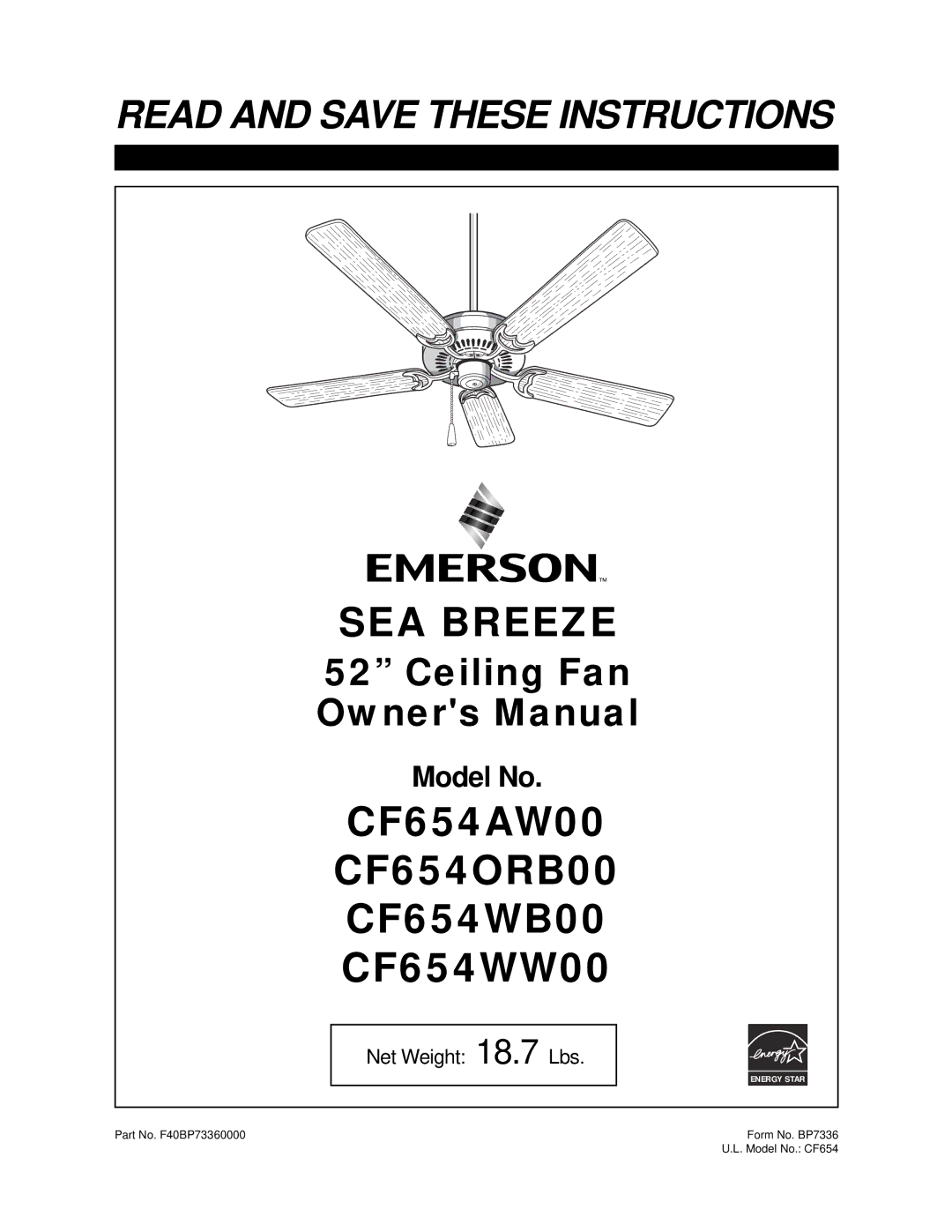 Emerson CF654WB00, CF654WW00, CF654AW00, CF654ORB00 owner manual SEA Breeze 