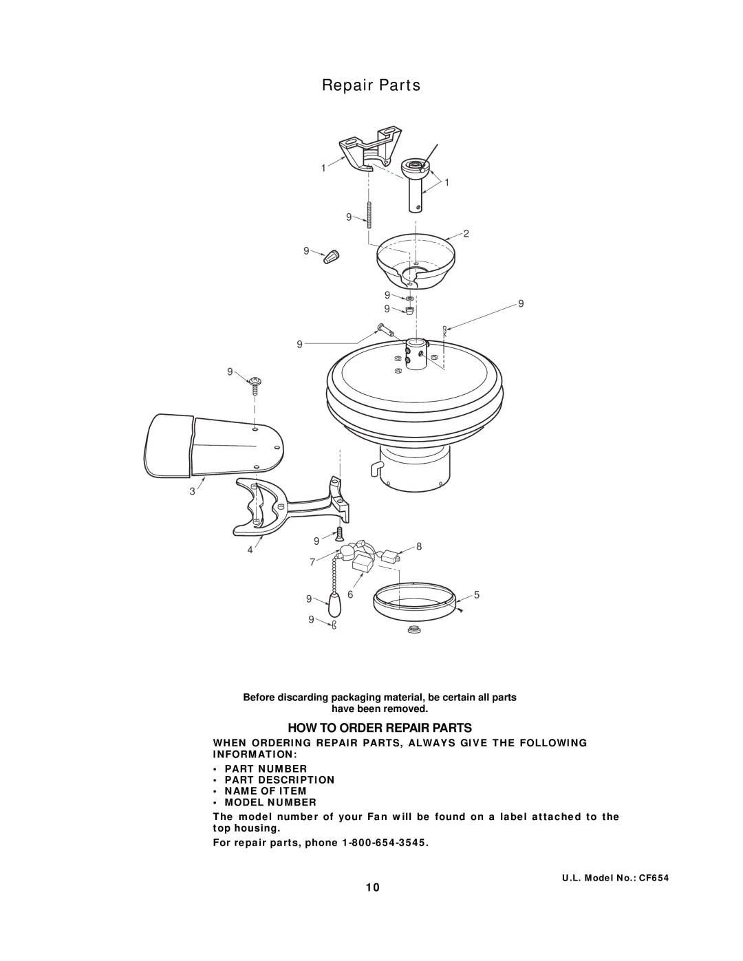 Emerson CF654AW00, CF654WW00, CF654WB00, CF654ORB00 owner manual HOW to Order Repair Parts 