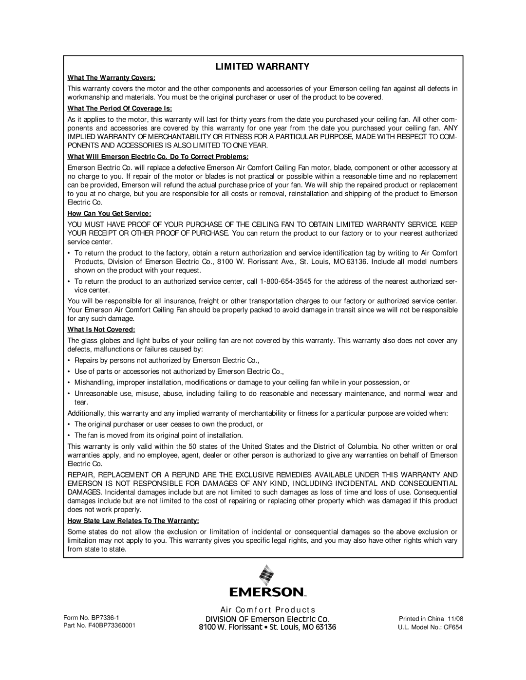 Emerson CF654WW00 What The Warranty Covers, What The Period Of Coverage Is, How Can You Get Service, What Is Not Covered 