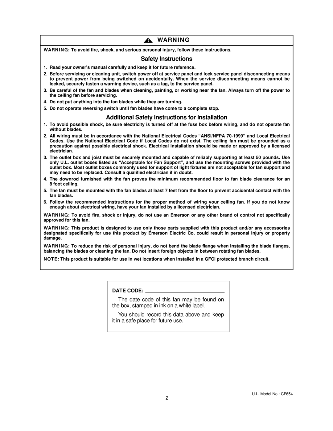 Emerson CF654AW00, CF654WW00, CF654WB00, CF654ORB00 owner manual Safety Instructions 