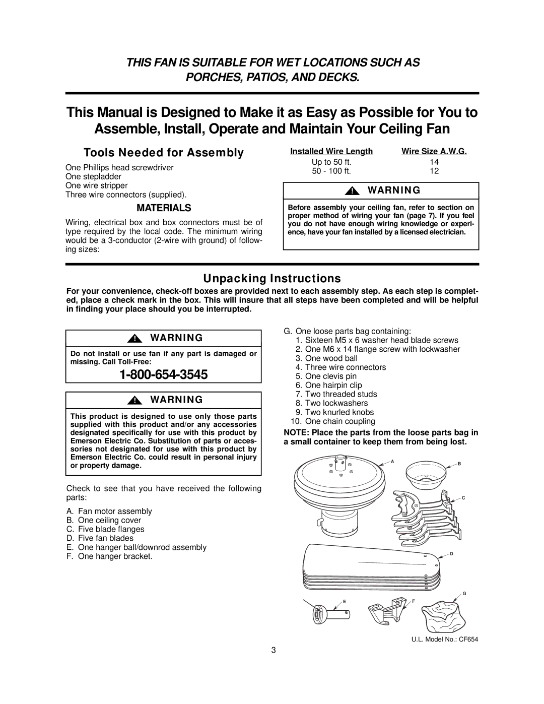 Emerson CF654ORB00, CF654WW00 Tools Needed for Assembly, Unpacking Instructions, Installed Wire Length Wire Size A.W.G 