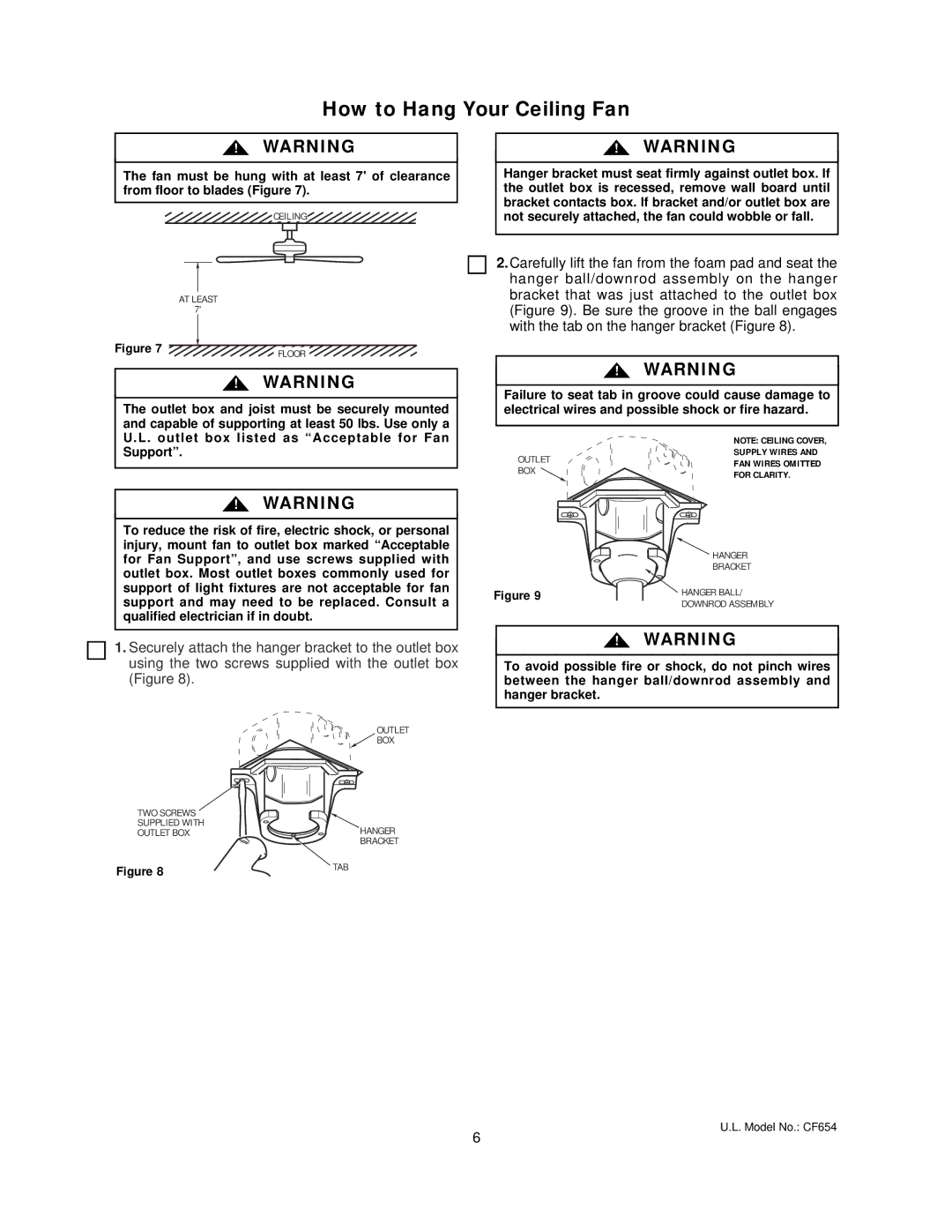 Emerson CF654AW00, CF654WW00, CF654WB00, CF654ORB00 owner manual How to Hang Your Ceiling Fan 