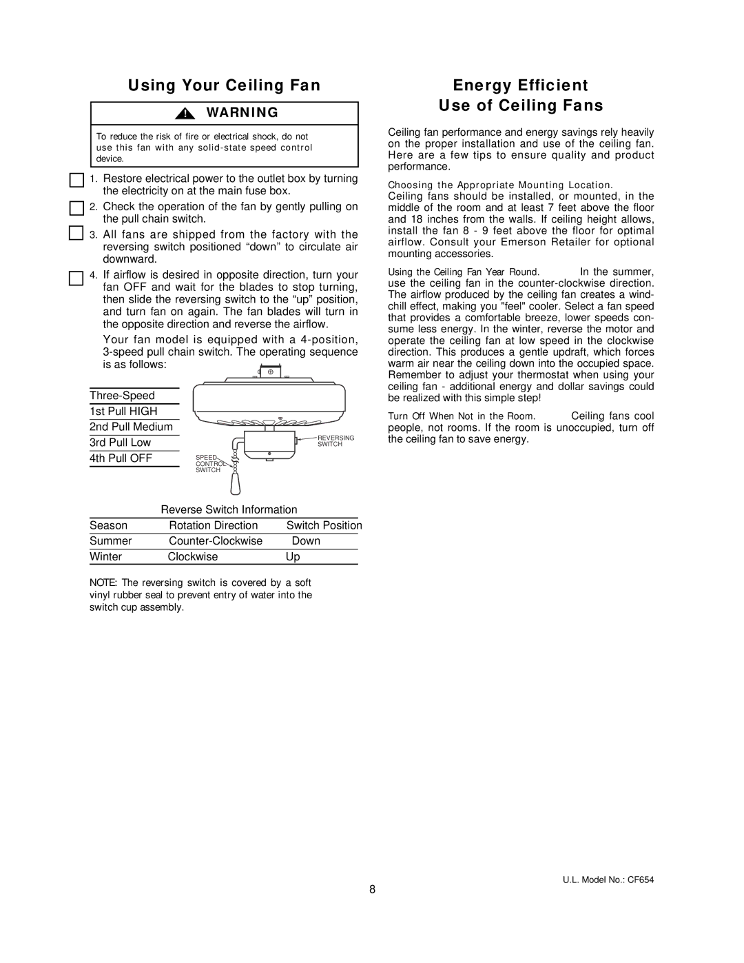 Emerson CF654WW00, CF654WB00, CF654AW00 Using Your Ceiling Fan, Energy Efficient Use of Ceiling Fans, Three-Speed 