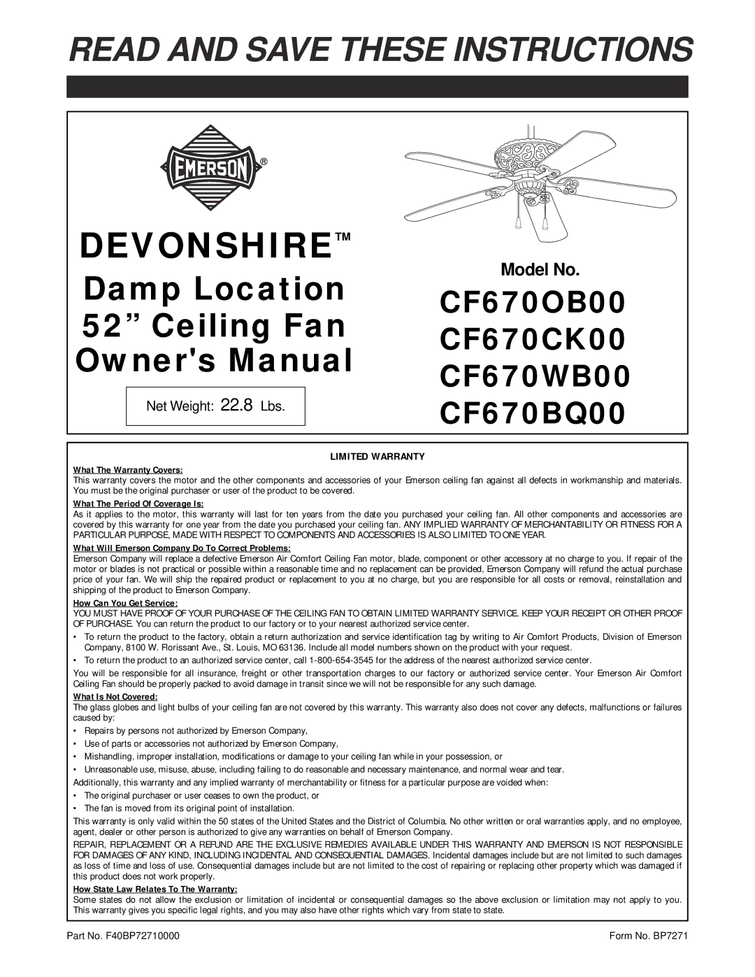 Emerson CF670CK00, CF670WB00, CF670OB00, CF670BQ00 warranty Devonshire 