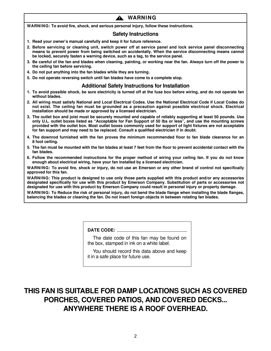 Emerson CF670OB00, CF670WB00, CF670CK00, CF670BQ00 warranty Safety Instructions, Date Code 