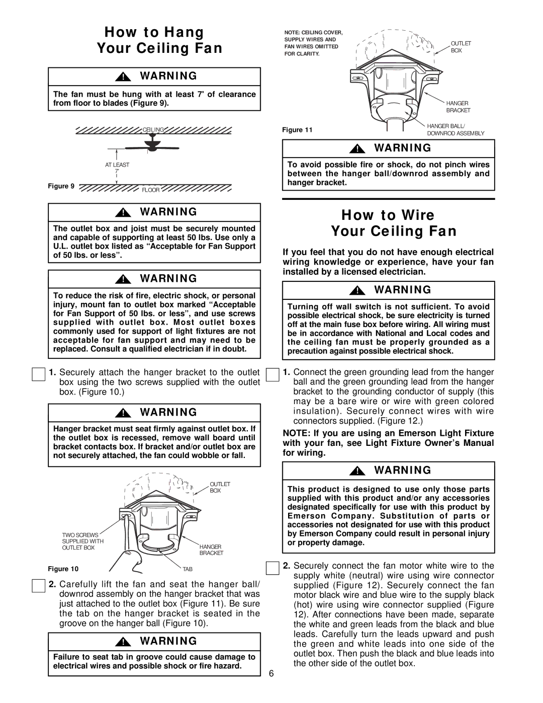 Emerson CF670OB00, CF670WB00, CF670CK00, CF670BQ00 warranty How to Hang Your Ceiling Fan, How to Wire Your Ceiling Fan 