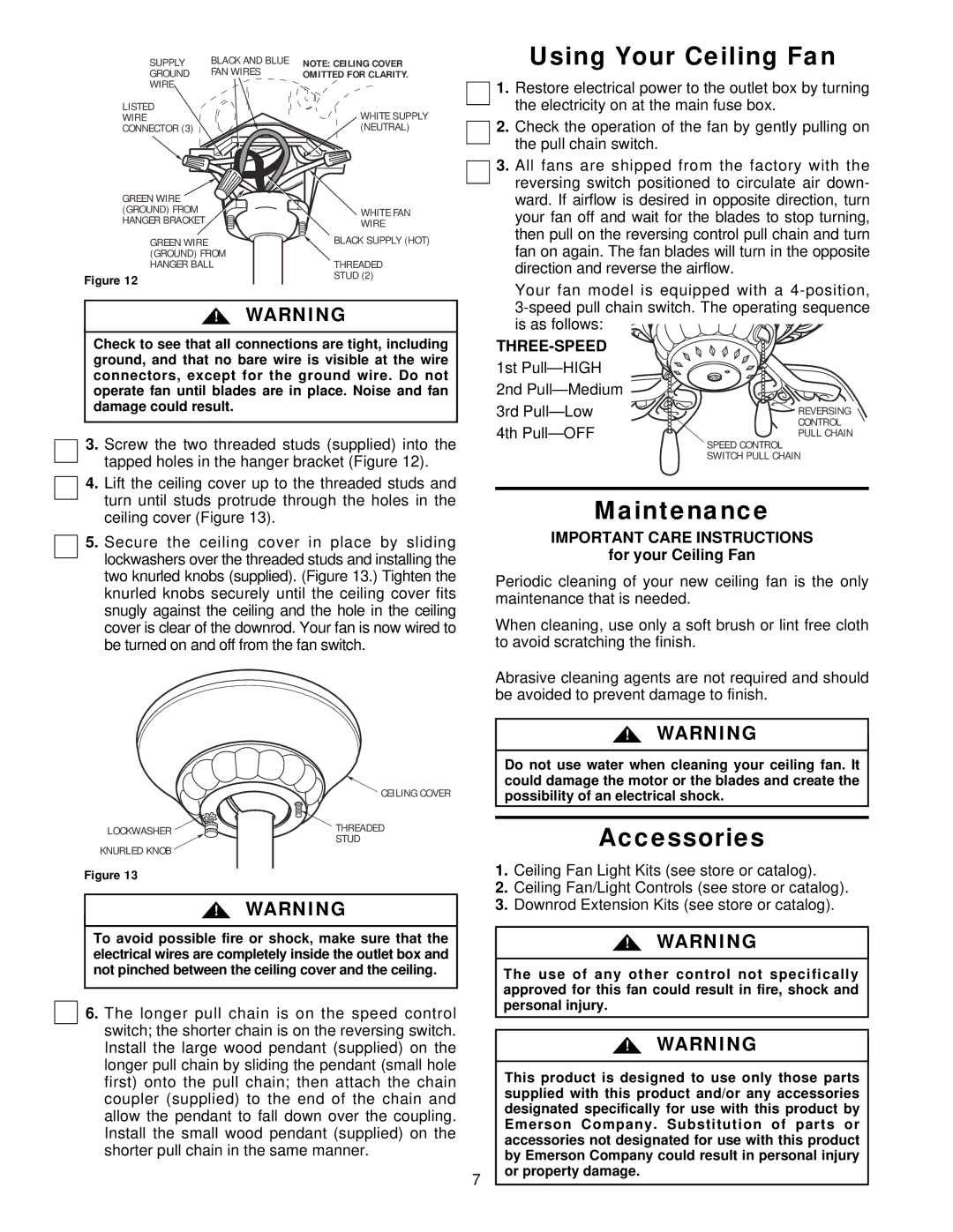 Emerson CF670BQ00, CF670WB00 Using Your Ceiling Fan, Maintenance, Accessories, Three-Speed, Important Care Instructions 