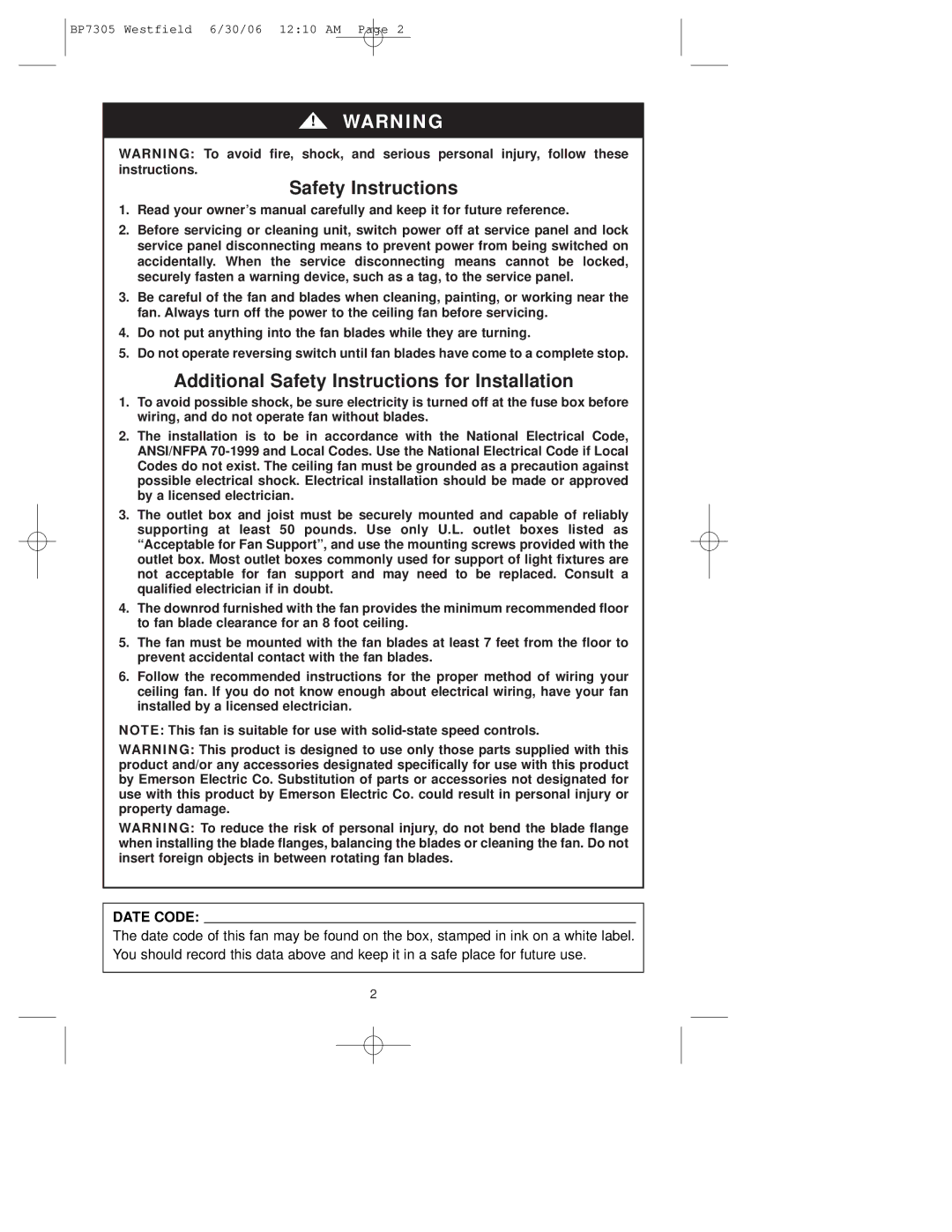 Emerson CF680WB00, CF680BQ00, CF680ORB00 warranty Additional Safety Instructions for Installation, Date Code 