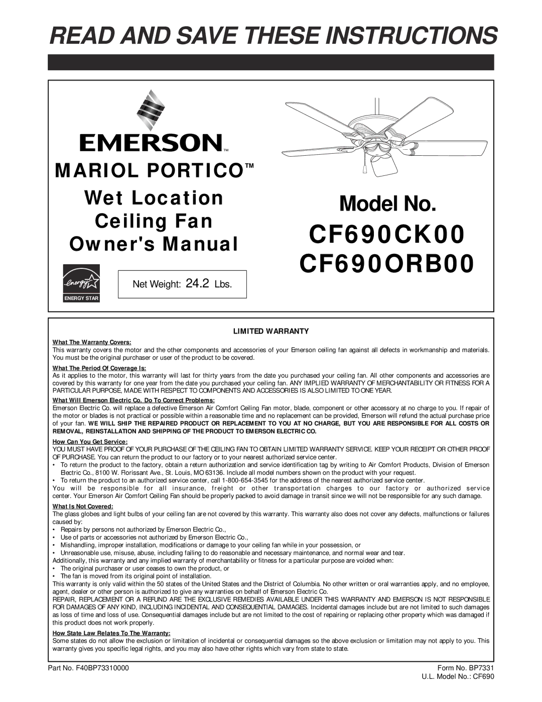 Emerson warranty CF690CK00 CF690ORB00 