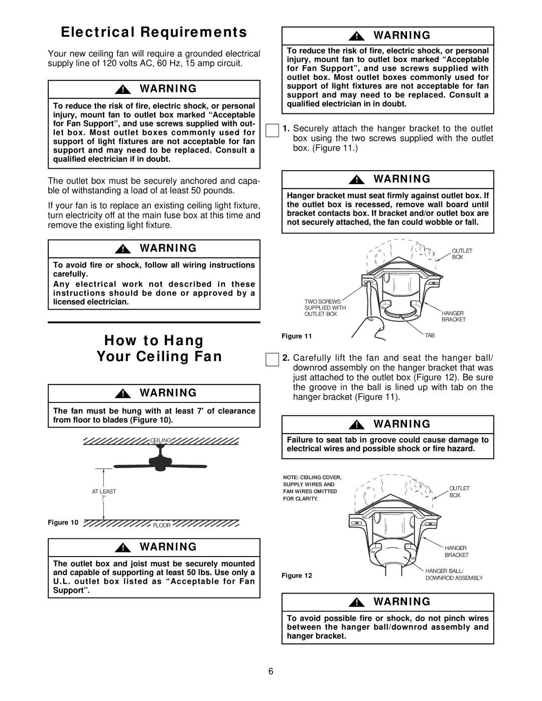 Emerson CF690CK00, CF690ORB00 warranty Electrical Requirements, How to Hang Your Ceiling Fan 